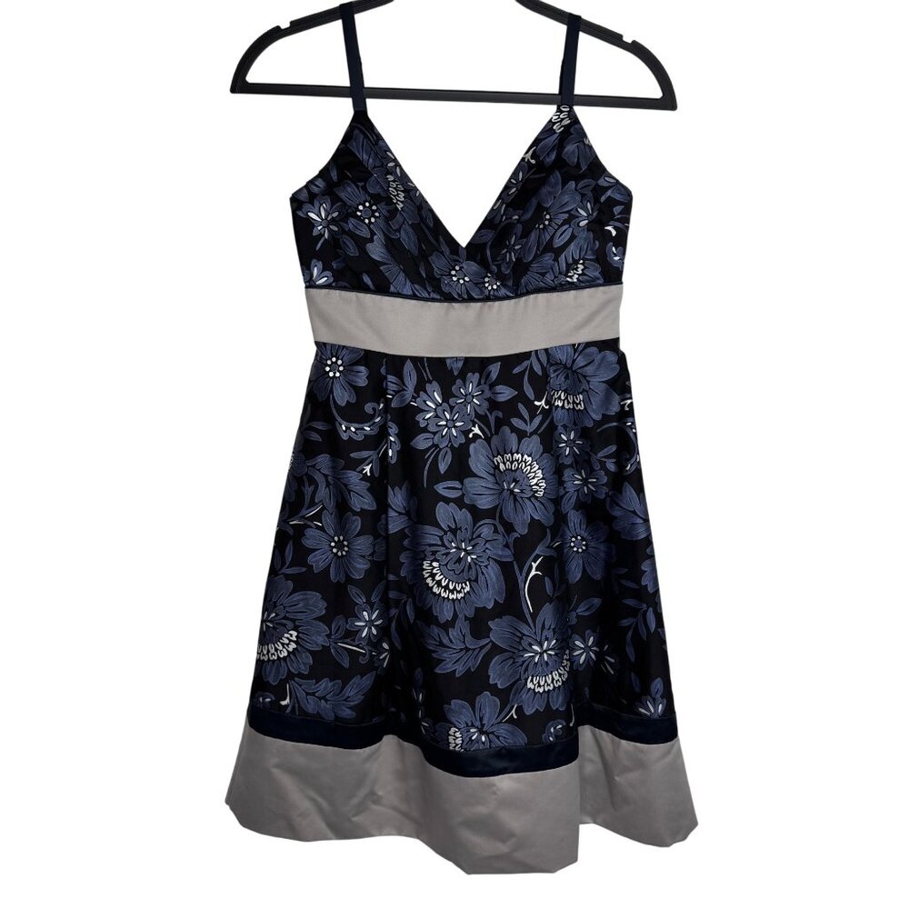 Vintage Y2K BCBG Paris Black Baby Doll Mini Dress Blue Floral Empire Waist‎ Prom